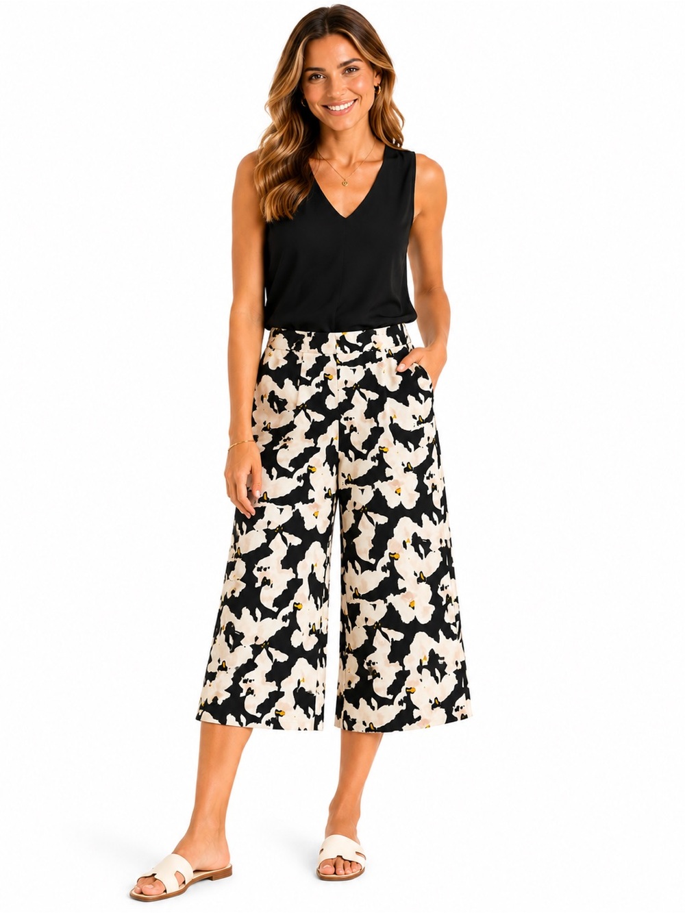 Nine West Black & Cream Floral Wide-Leg Culotte Pants